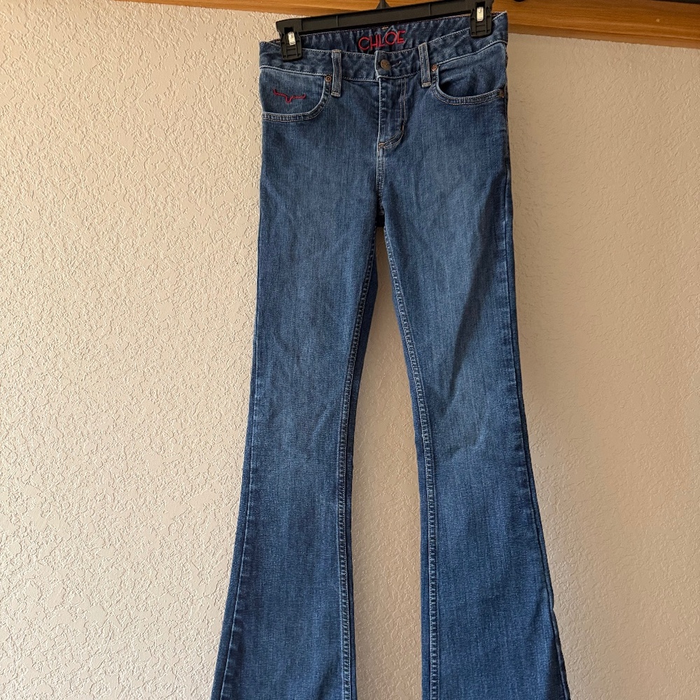 Kimes Ranch Women's Bootcut Jeans in Blue Denim with Subtle Red Logo